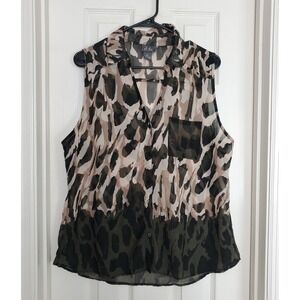 Dots Y2K Sleeveless Button Down Shirt Green Camo Animal Print Sheer Blouse XL